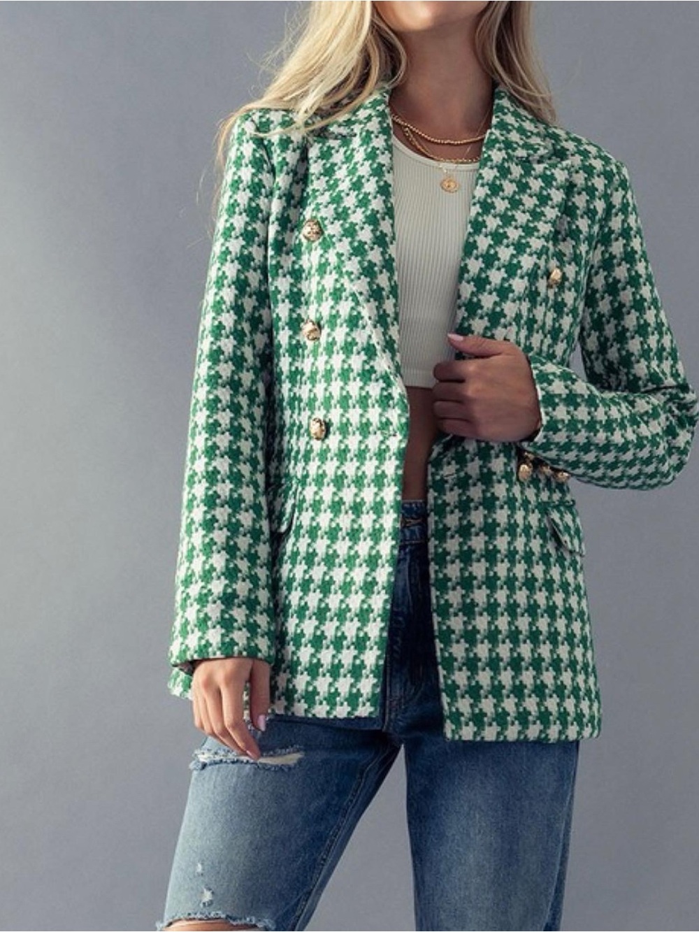 Green Houndstooth Double-Breasted Blazer Jacket